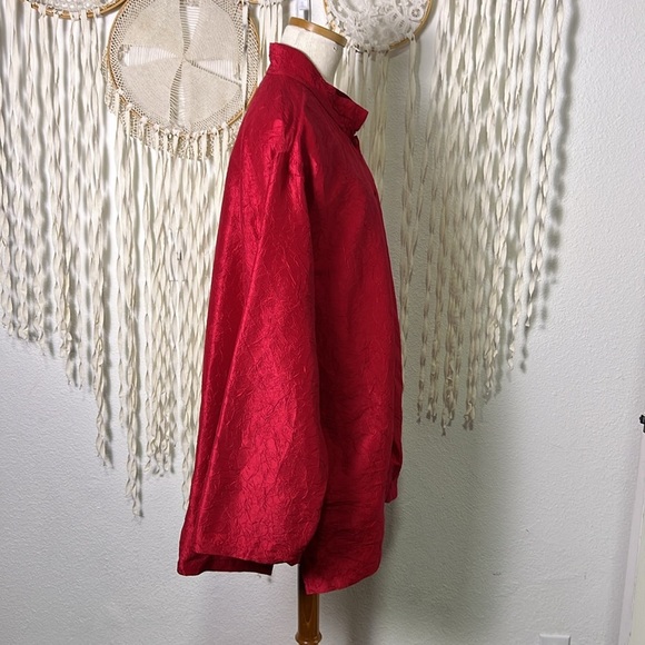 Eileen Fisher Woman Red Crinkle Silk Mandarin Collar Button Down Shirt Jacket 3X - Picture 2 of 12